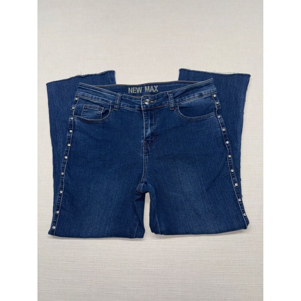 New Max Blue Stud-Trim Wide-Leg Crop Jeans